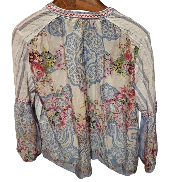 Johnny Was Effortless Striped Puff-Sleeve Peasant Blouse Floral Size Large - Picture 3 of 9